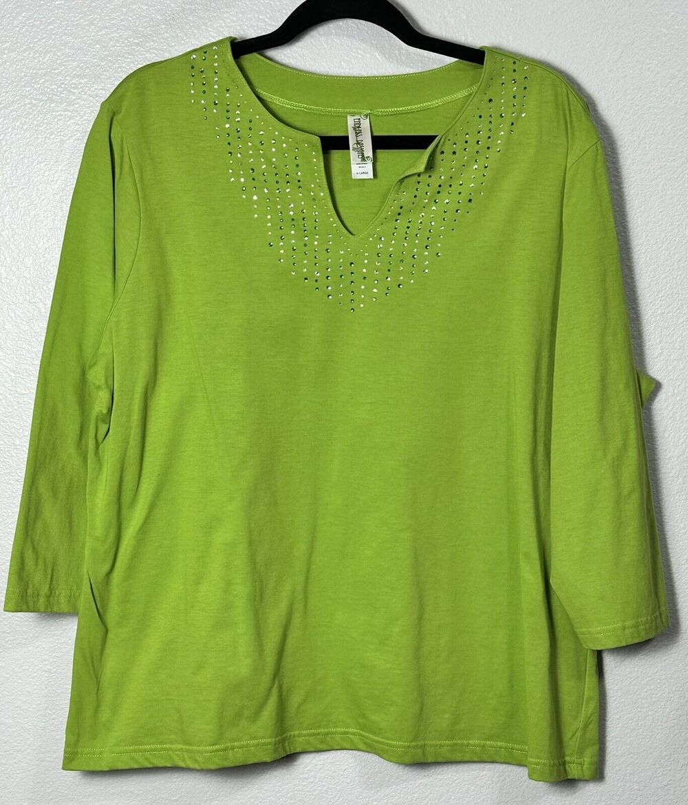 Endless Designs Women's Lime Embellished V-Neck 3/4 Sleeve Stretch Size X-Large